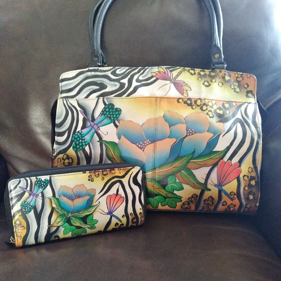 ANUSCHKA BAG LARGE TOTE  HANDPAINTED LEATHER ZEBRA PRINT & WALLET SET - Picture 3 of 15